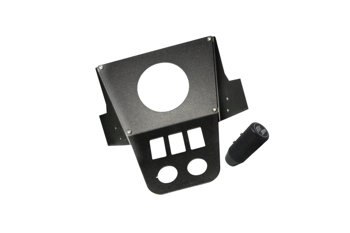 UTV Stereo black metal mounting bracket with switch cutouts and cylindrical knob