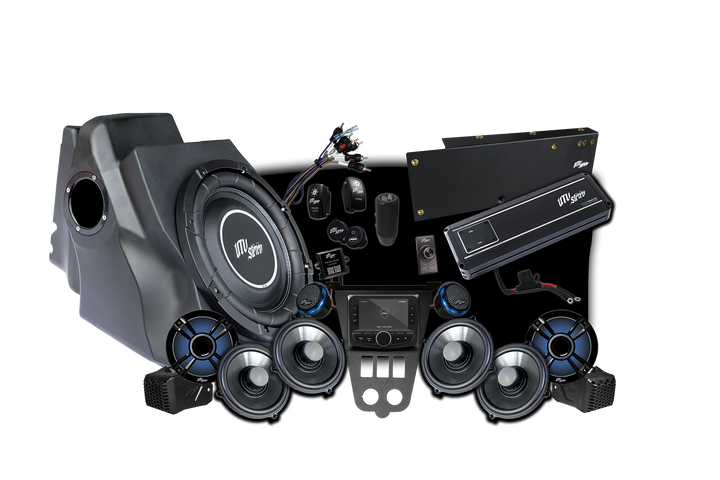 UTV Stereo audio system bundle including subwoofer enclosure speakers amplifier and head unit