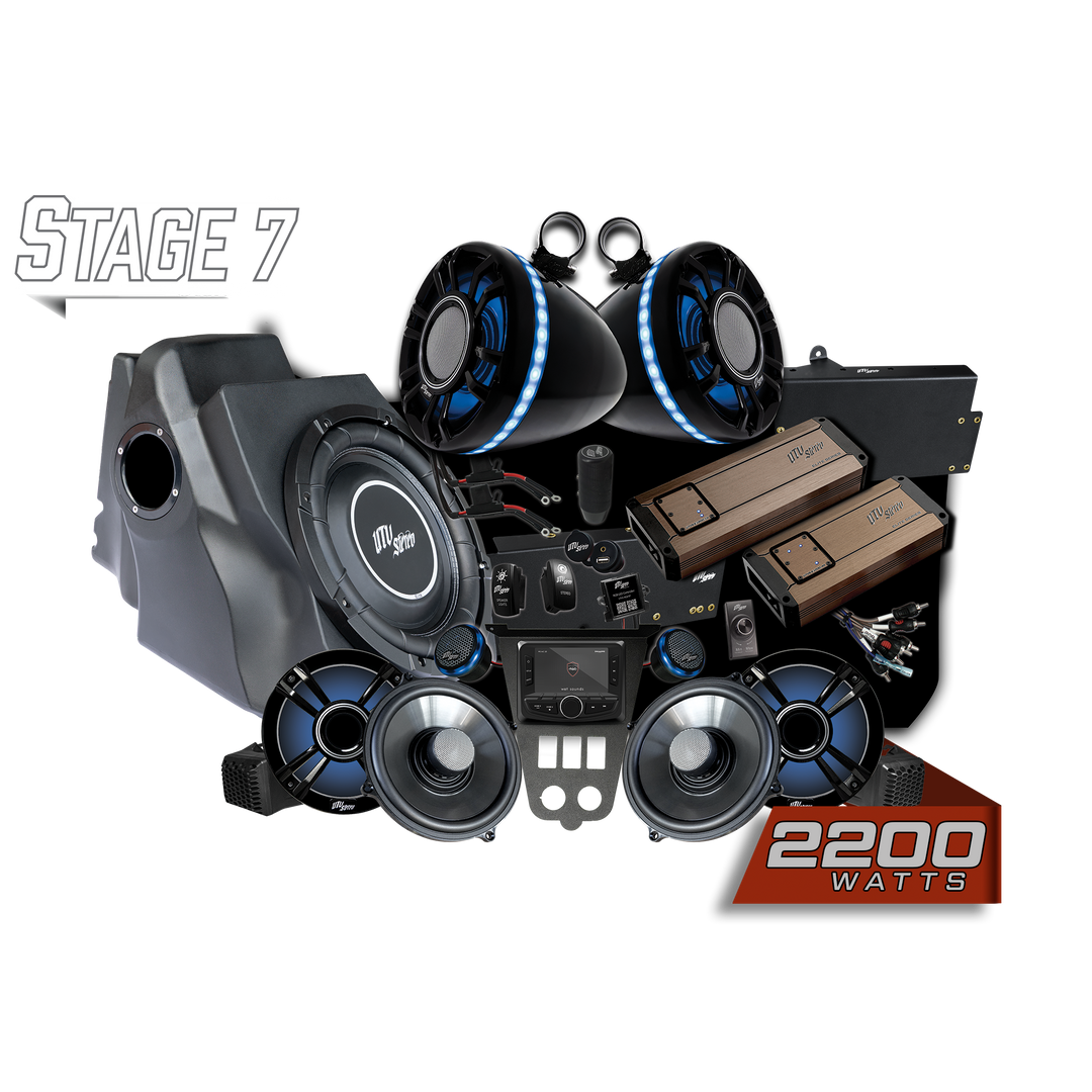 UTV Stereo Stage 7 audio system kit with speakers, subwoofer, amplifiers, and head unit