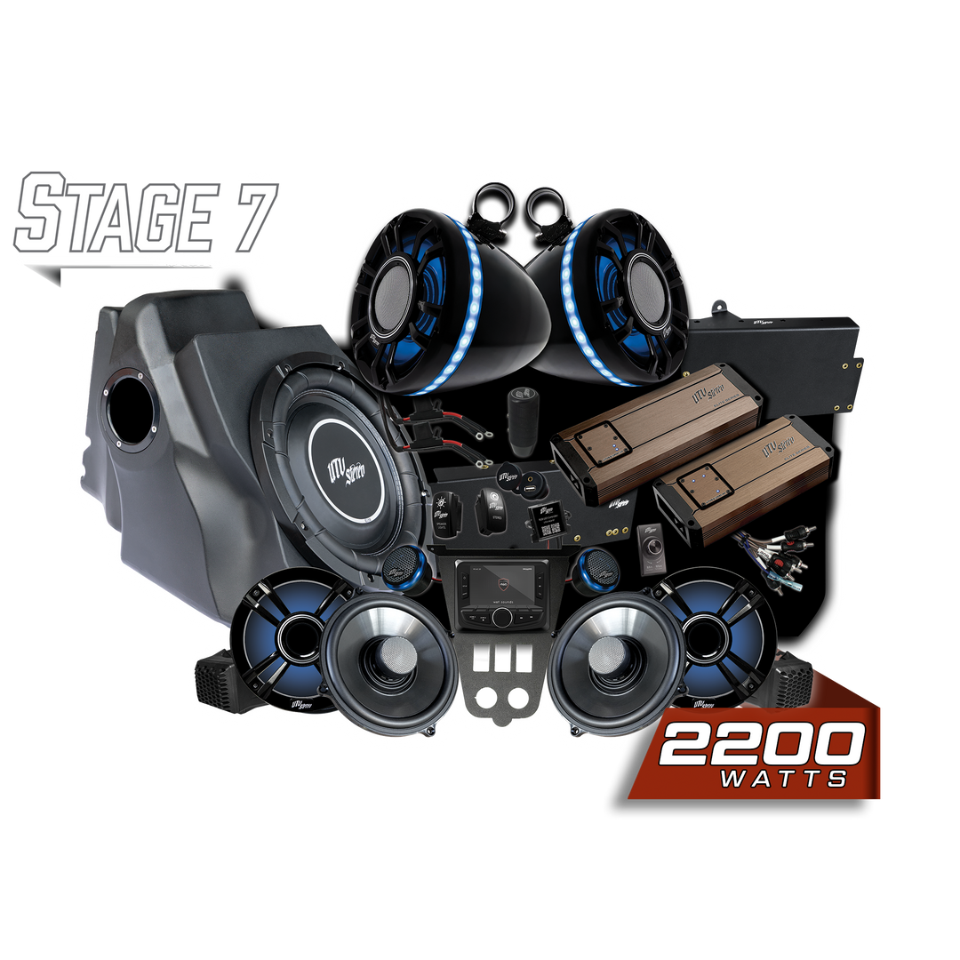 UTV Stereo Stage 7 audio system kit with speakers, subwoofer, amplifiers, and head unit