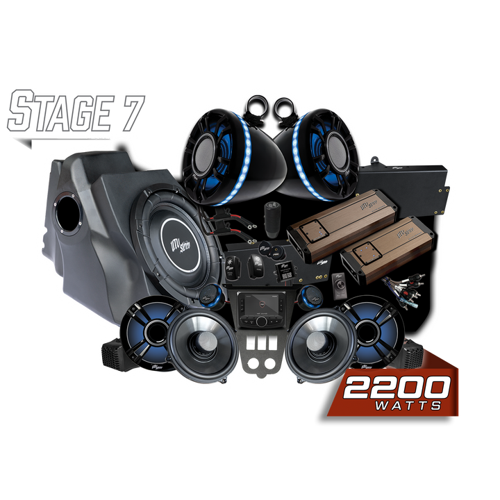 UTV Stereo Stage 7 audio system kit with speakers, subwoofer, amplifiers, and head unit
