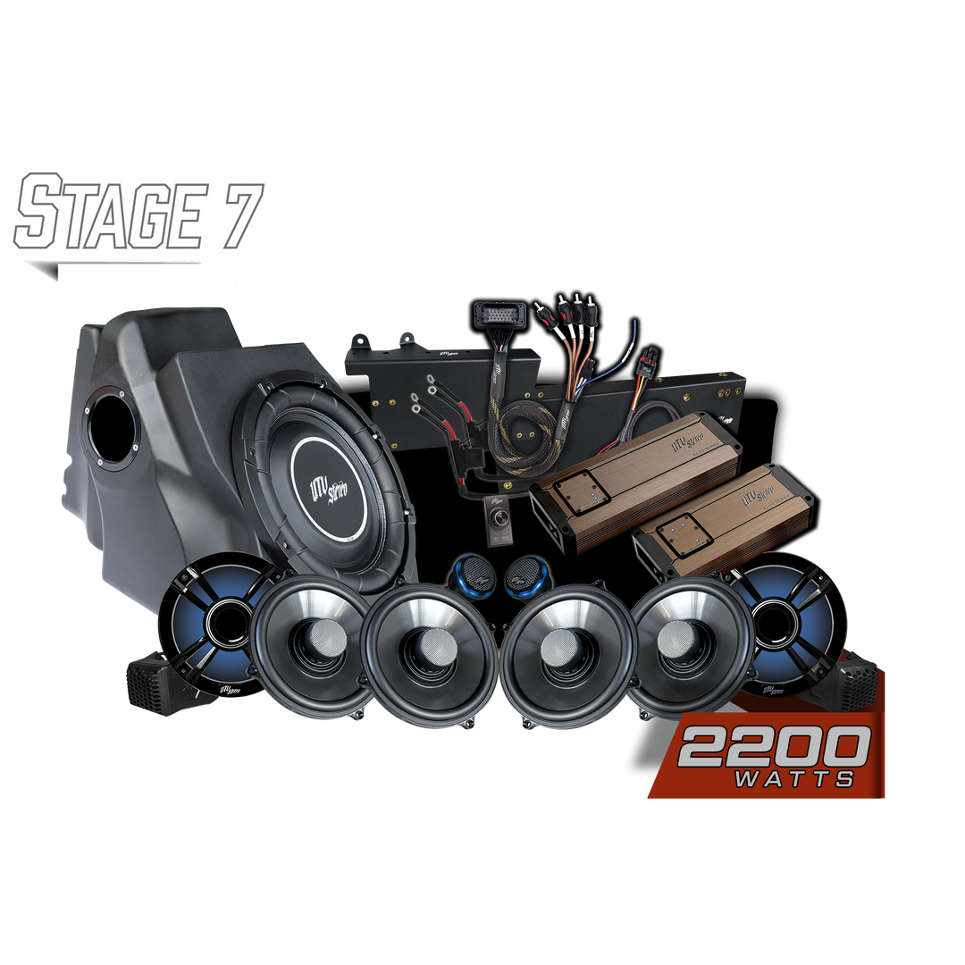 UTV Stereo Stage 7 audio system kit with subwoofer enclosure, amplifiers, speakers, and wiring harness