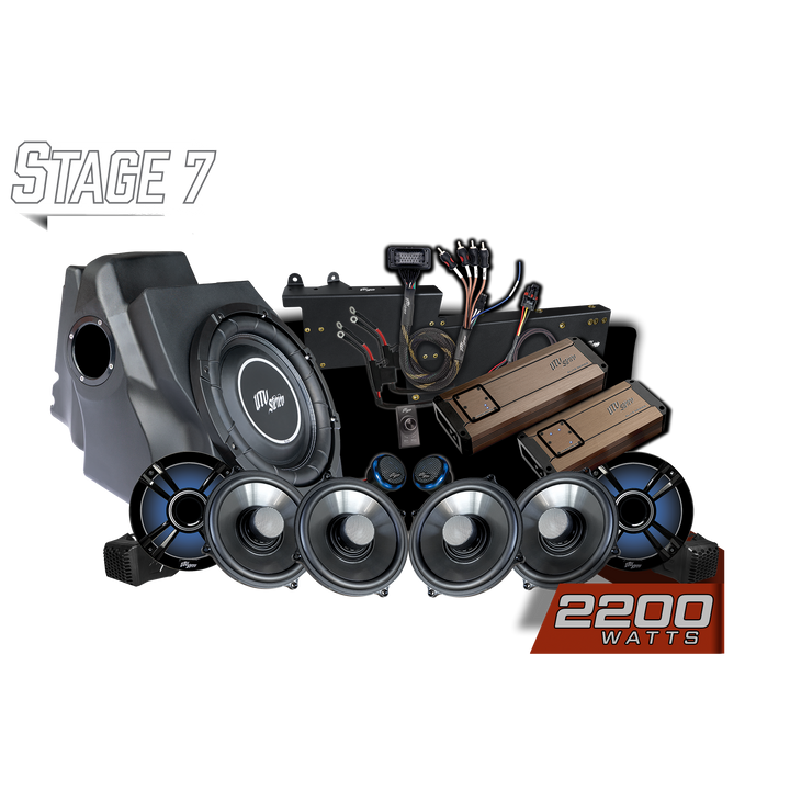UTV Stereo Stage 7 audio system kit with subwoofer enclosure, amplifiers, speakers, and wiring harness