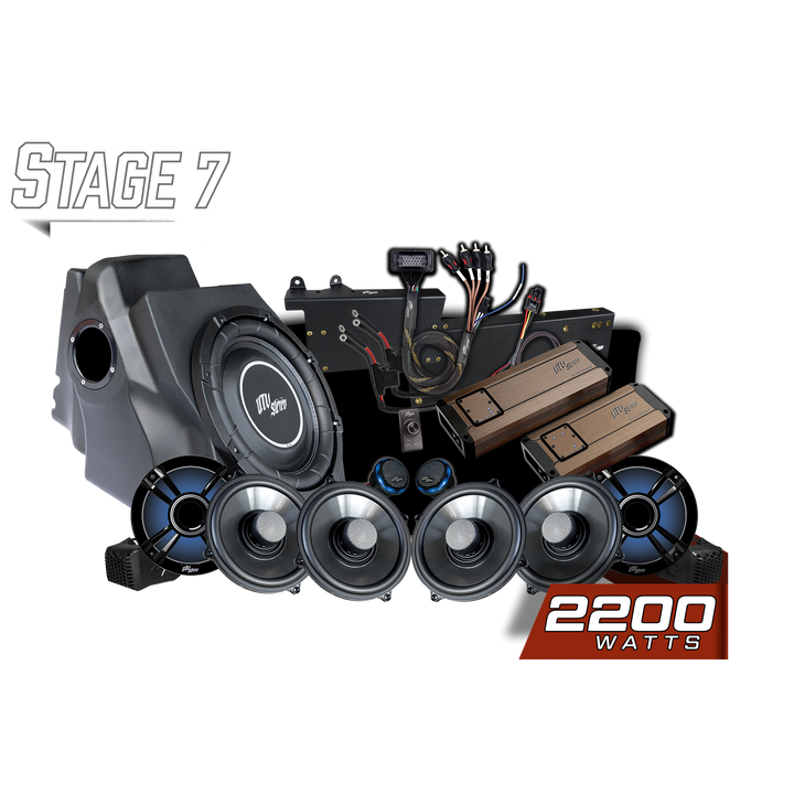 UTV Stereo Stage 7 audio system with subwoofer, amplifiers, speakers, and wiring harness