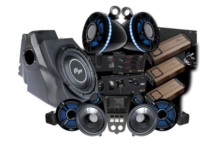 UTV Stereo audio system bundle including speakers, amplifiers, subwoofer, and head unit