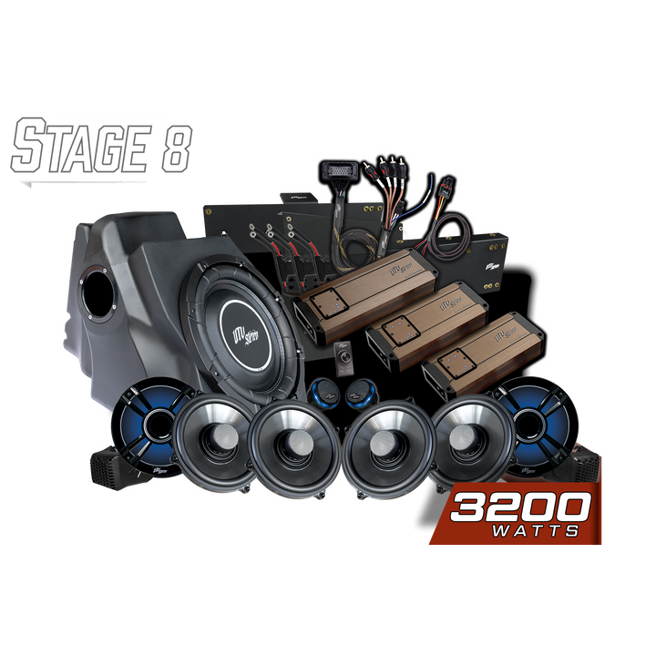 UTV Stereo Stage 8 audio system kit with subwoofer, amplifiers, speakers, and wiring components