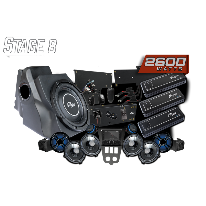 UTV Stereo Stage 8 audio system kit with subwoofer, amplifiers, speakers, and head unit