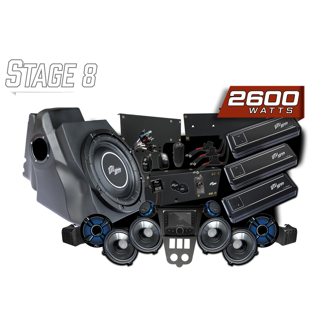 UTV Stereo Stage 8 audio system kit with subwoofer enclosure speakers amplifiers and head unit
