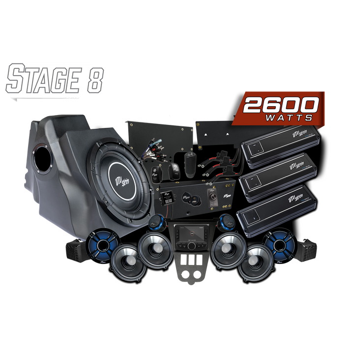 UTV Stereo Stage 8 audio system kit with subwoofer enclosure speakers amplifiers and head unit