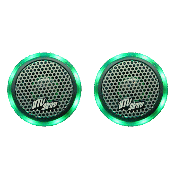 Pair of UTV Stereo speakers with green LED ring lighting