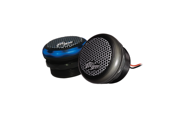 Two UTV Stereo bullet tweeters with metal mesh grilles