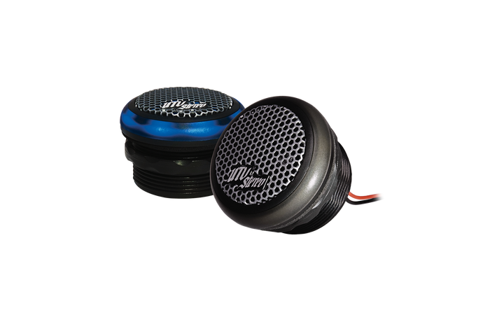 Two UTV Stereo bullet tweeters with black and blue housings and metal mesh grilles