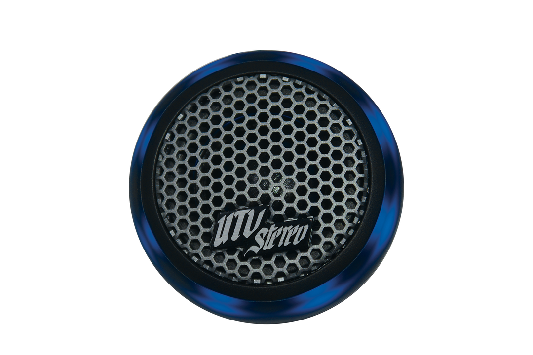 UTV Stereo blue circular speaker with hexagonal metal grille