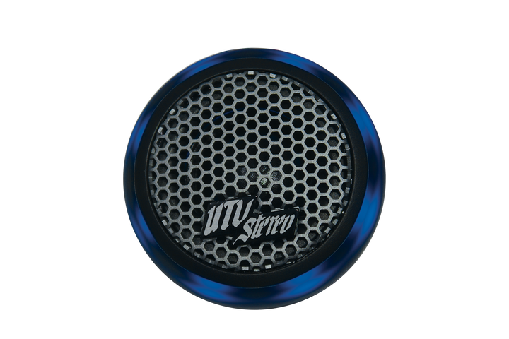 UTV Stereo blue circular speaker with hexagonal metal grille