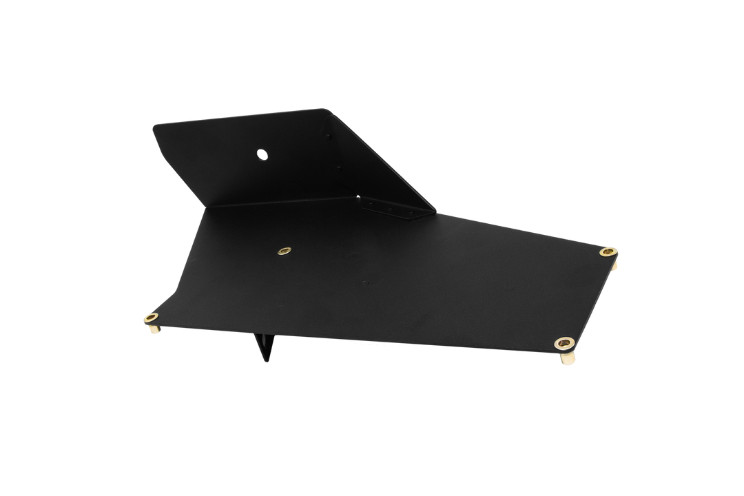 Black powder coated metal mounting bracket with brass threaded inserts