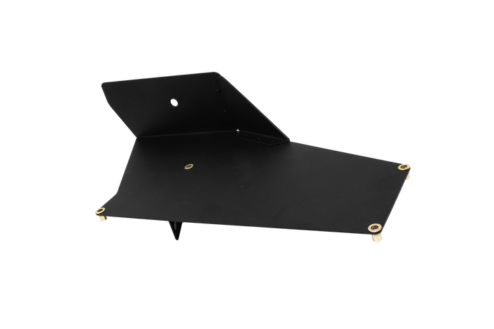 Black powder coated metal mounting bracket with brass threaded inserts