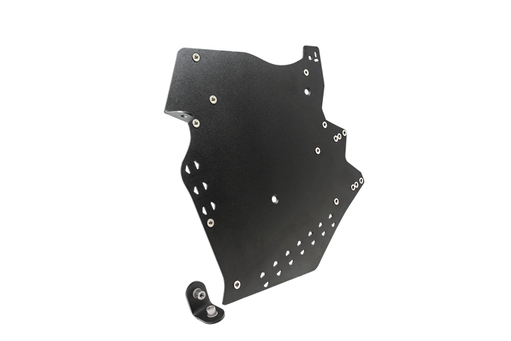 Black metal mounting plate with multiple bolt holes and a separate small angled bracket