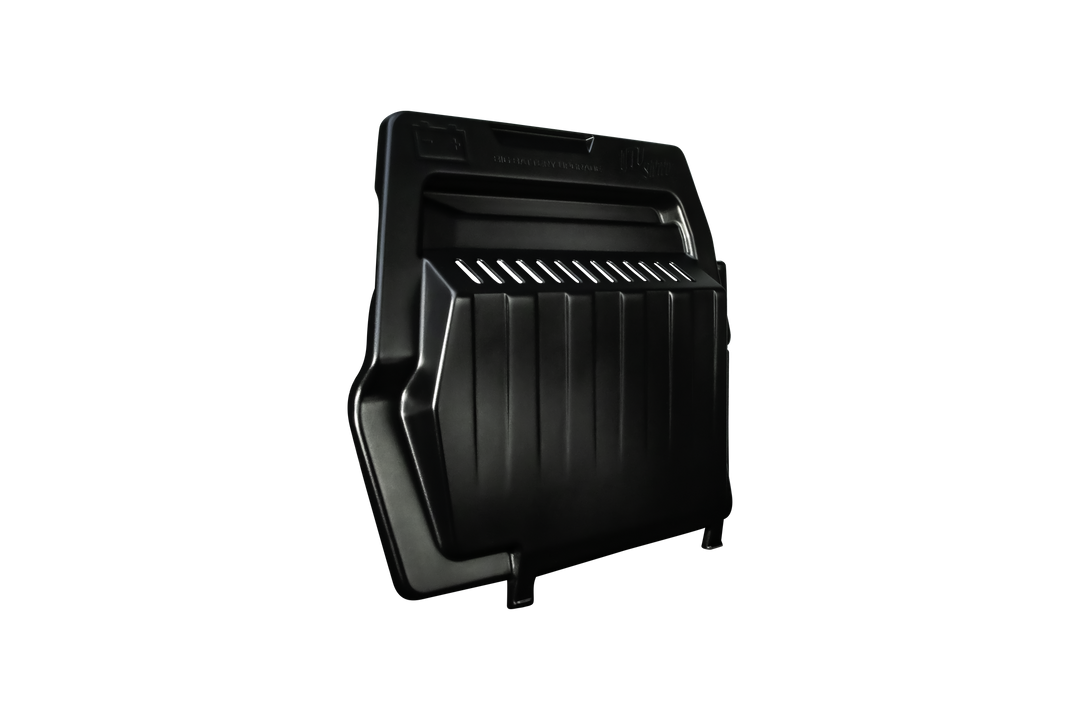 Black plastic UTV Stereo battery upgrade cover with ventilation slots