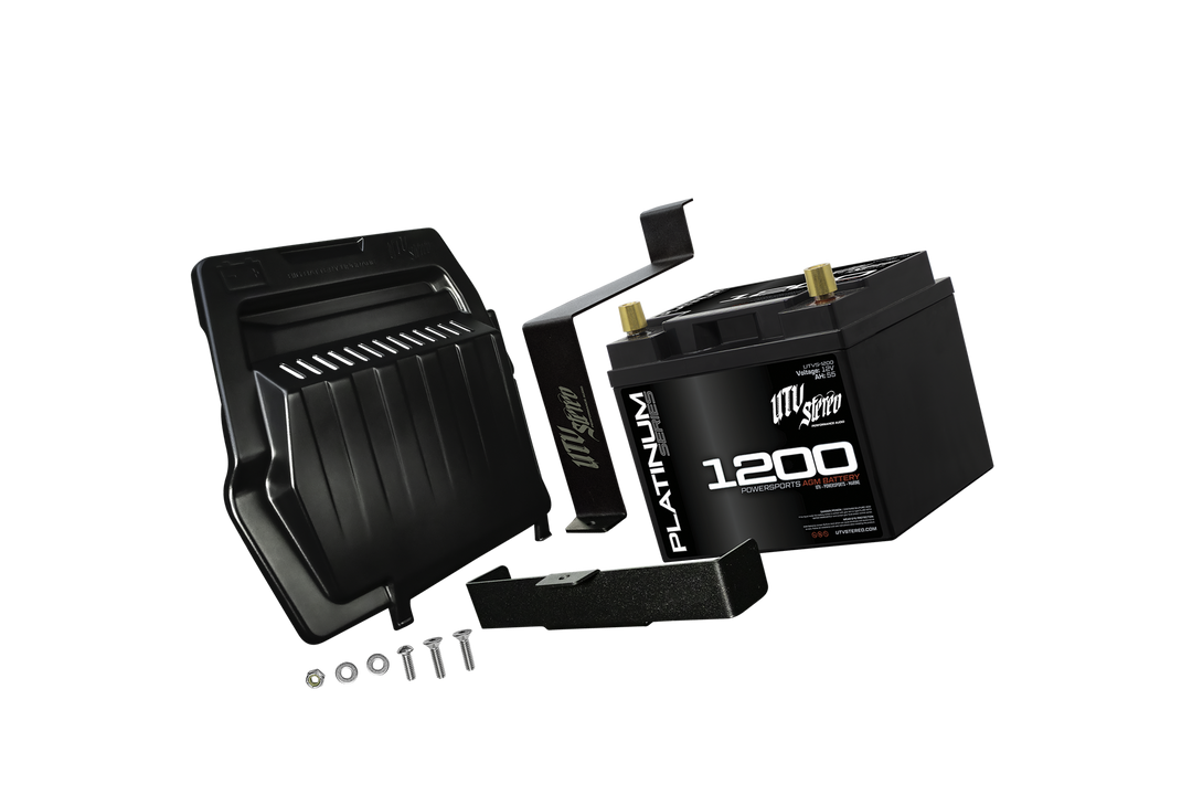 UTV Stereo Platinum Series 1200 AGM battery kit with mounting bracket and hardware
