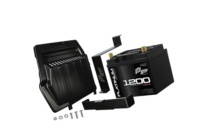 UTV Stereo Platinum Series 1200 AGM battery kit with mounting bracket and hardware