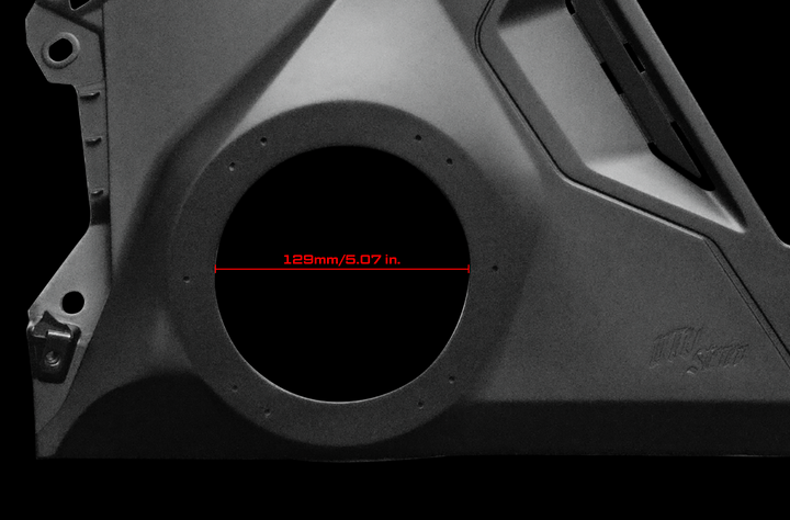 Black speaker pod panel with 129mm or 5.07 inch diameter measurement