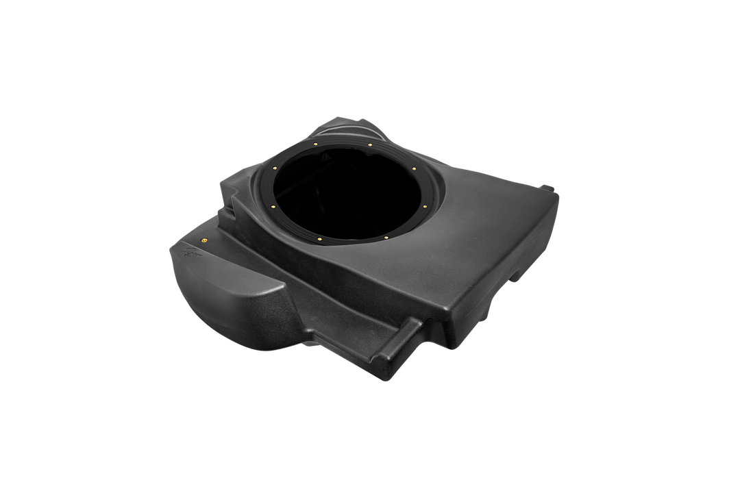 Black molded plastic subwoofer enclosure for vehicle audio installation