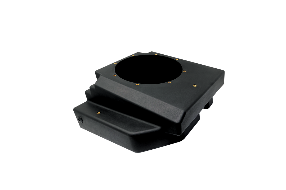 Black molded plastic subwoofer enclosure with circular speaker cutout