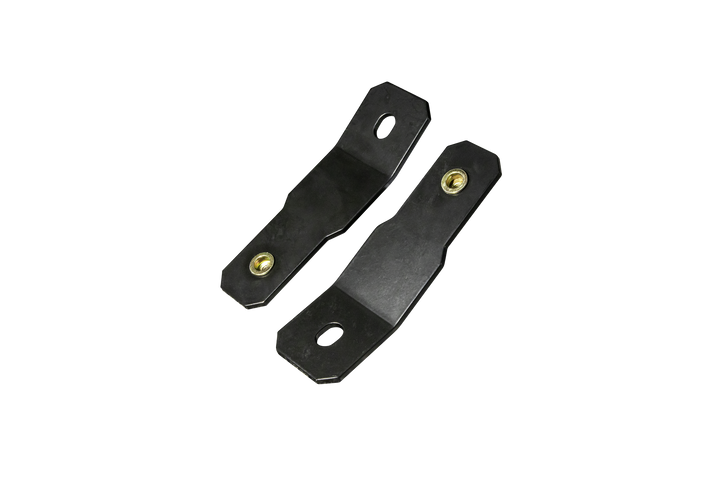 Two black metal mounting brackets with threaded inserts and slotted holes
