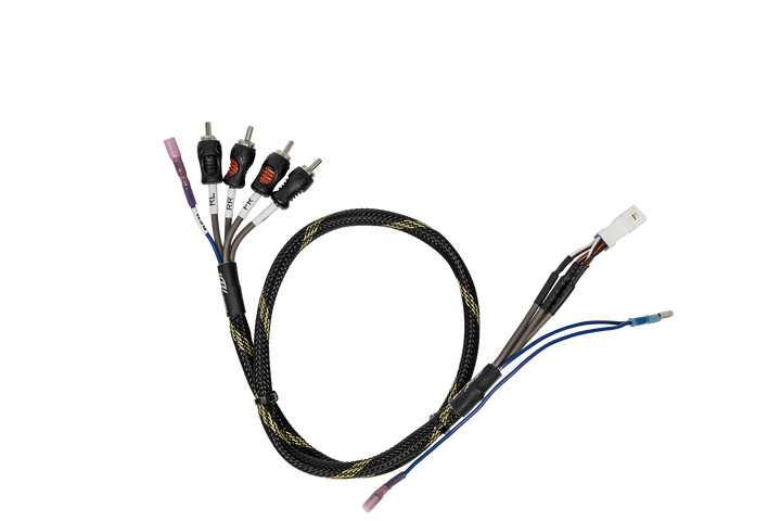 RCA output harnesses with remote wire featuring a combination of black, blue, and red wires and connectors angled 15 degrees