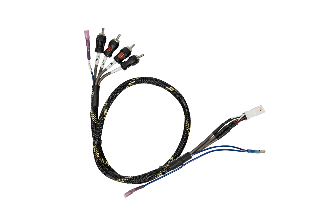 RCA output harnesses with remote wire featuring a combination of black, blue, and red wires and connectors.