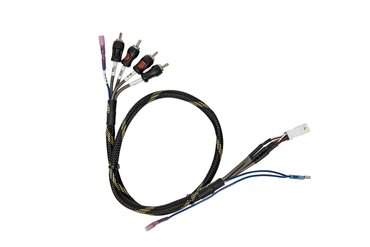RCA output harnesses with remote wire featuring a combination of black, blue, and red wires and connectors.