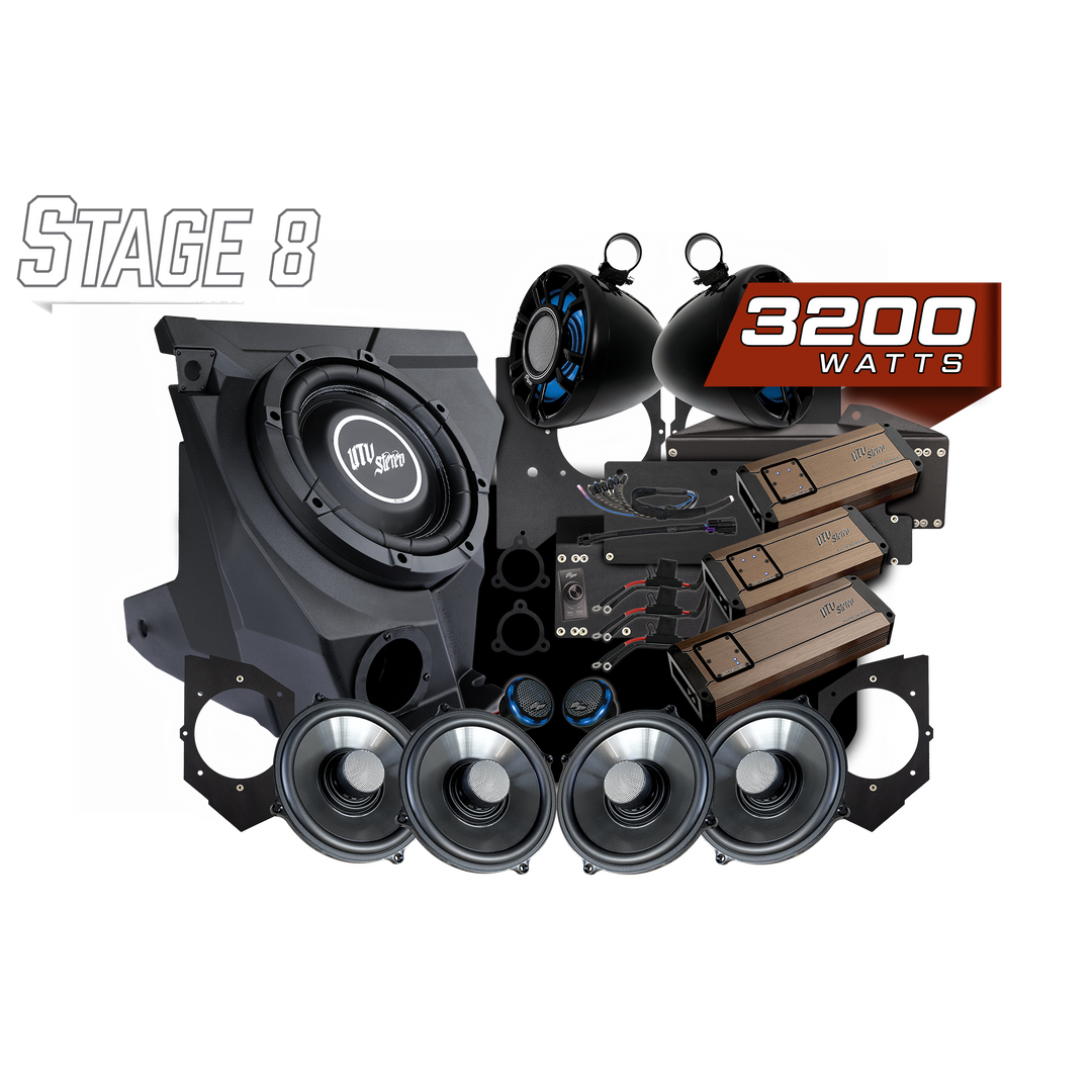 UTV Stereo Stage 8 3200 watt audio system kit including speakers amplifiers and subwoofer enclosure