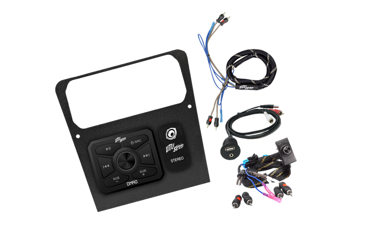 UTV Stereo dash mount kit with digital controller wiring harness and USB auxiliary port