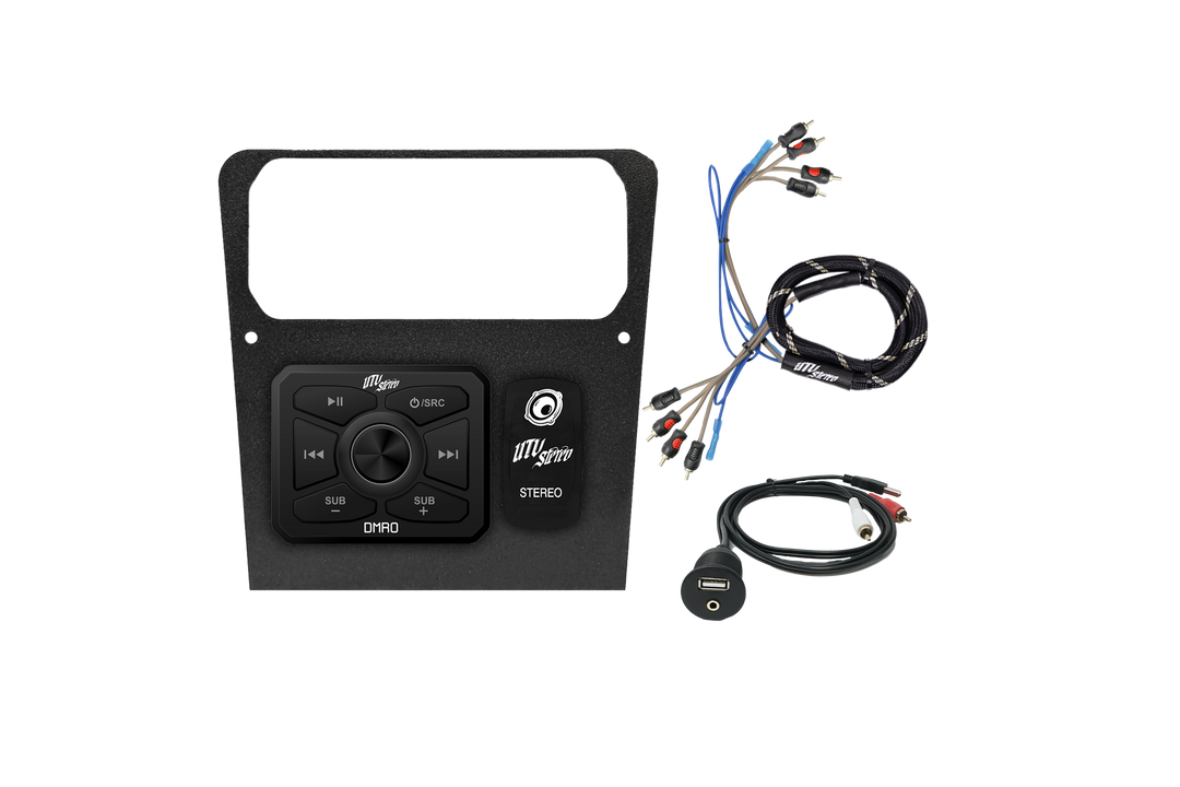 UTV Stereo dash kit with media controller, stereo switch, and wiring harnesses