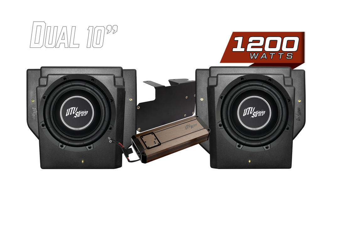 UTV Stereo dual 10 inch subwoofer kit with 1200 watt amplifier and mounting hardware