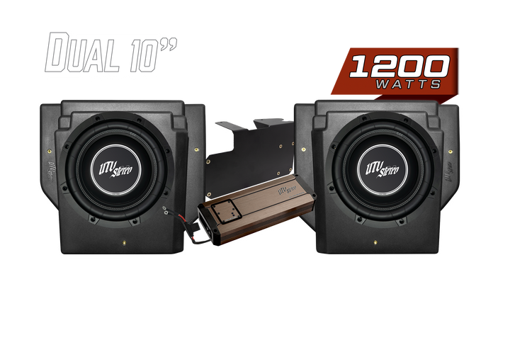 UTV Stereo dual 10 inch subwoofer kit with 1200 watt amplifier and mounting hardware