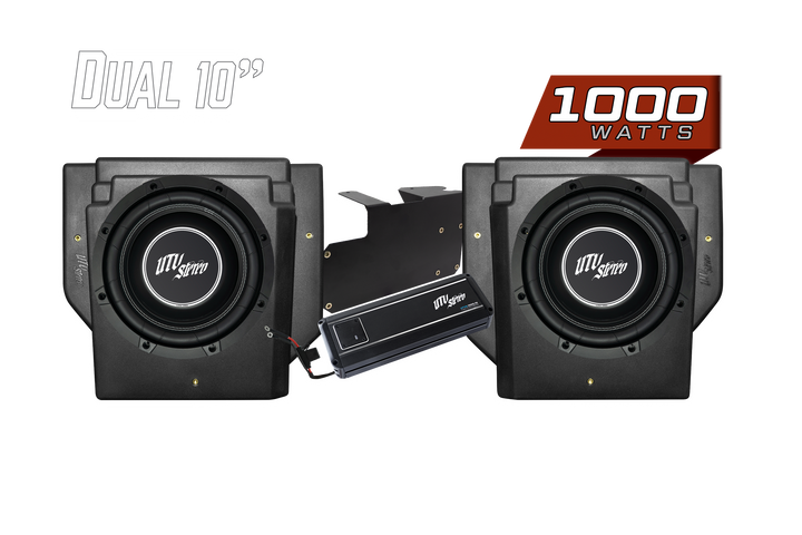 UTV Stereo dual 10 inch subwoofer system with 1000 watt amplifier and mounting hardware