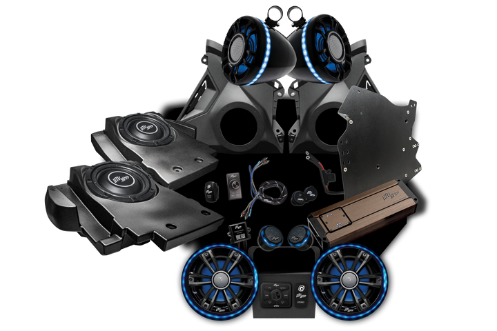 UTV Stereo audio system components including speakers, subwoofer enclosures, amplifier, and wiring