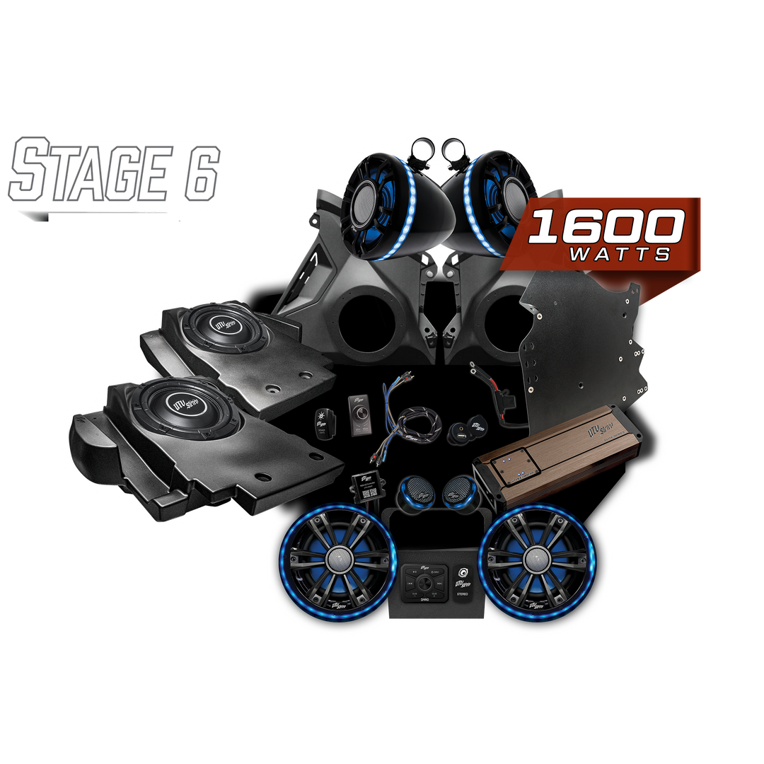 UTV Stereo Stage 6 1600 watt audio system kit with speakers, amplifier, subwoofer enclosures, and wiring