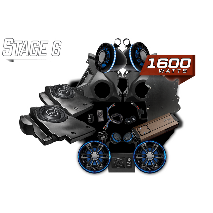UTV Stereo Stage 6 1600 watt audio system kit with speakers, amplifier, subwoofer enclosures, and wiring