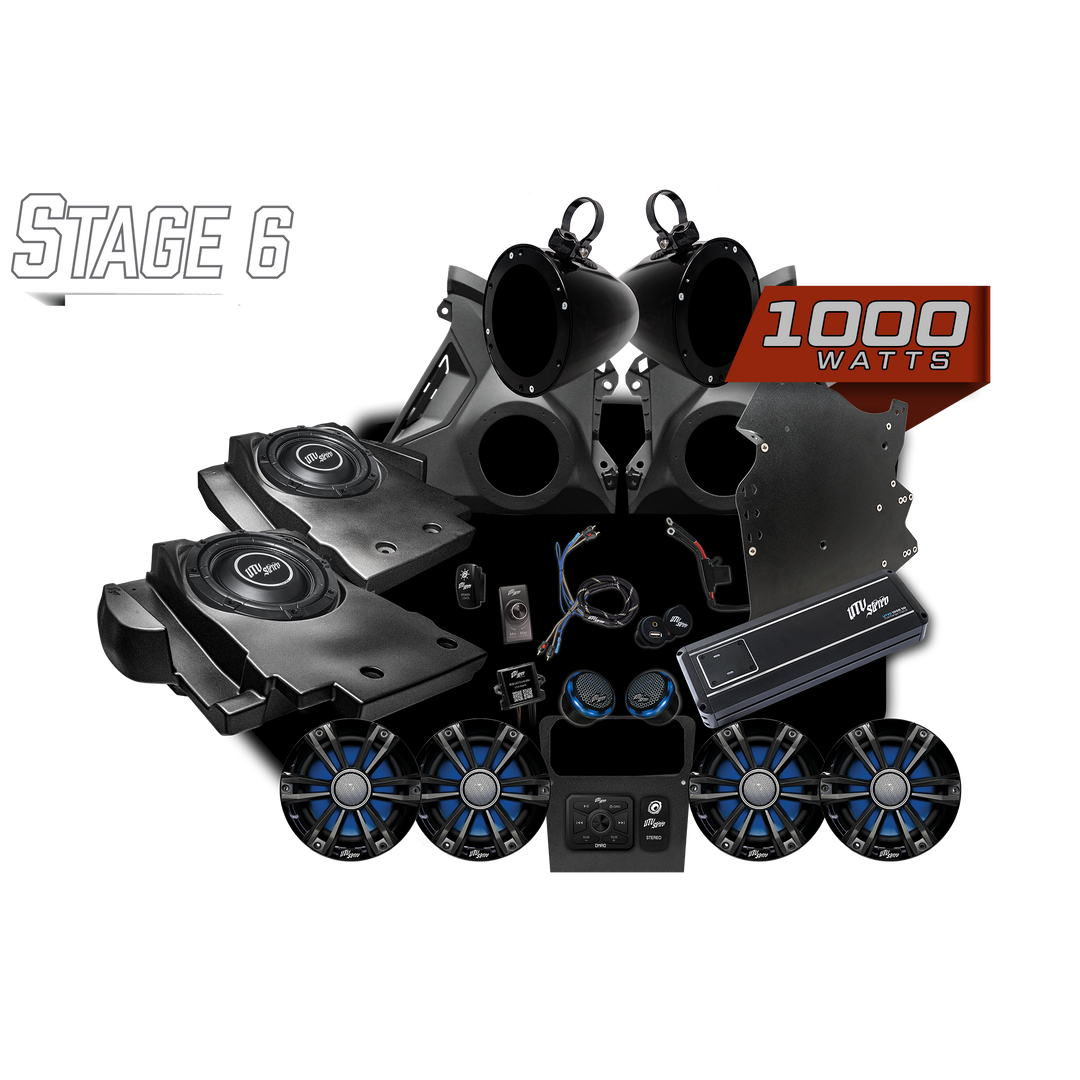 UTV Stereo Stage 6 audio system kit with speakers, subwoofer enclosures, amplifier, and wiring components