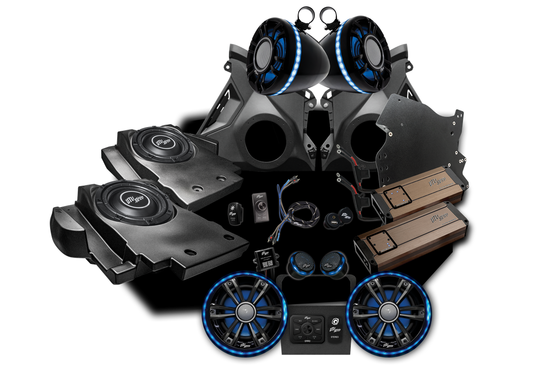 UTV Stereo audio system kit with speakers subwoofers amplifiers and mounting hardware