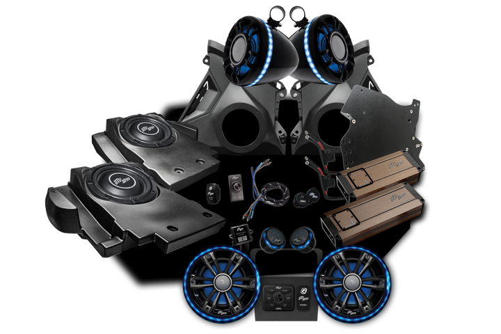 UTV Stereo audio system kit with speakers subwoofers amplifiers and mounting hardware