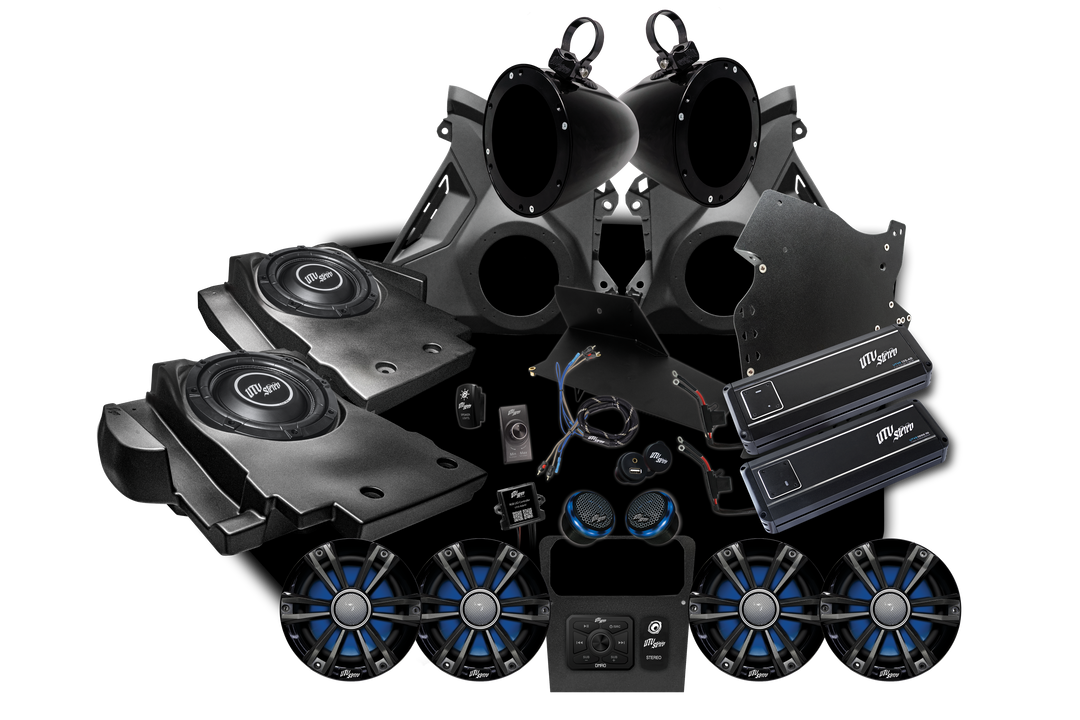 UTV Stereo audio system kit with speakers subwoofers amplifiers and mounting hardware