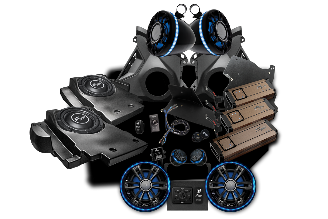 UTV Stereo audio system kit with speakers subwoofers amplifiers and mounting hardware