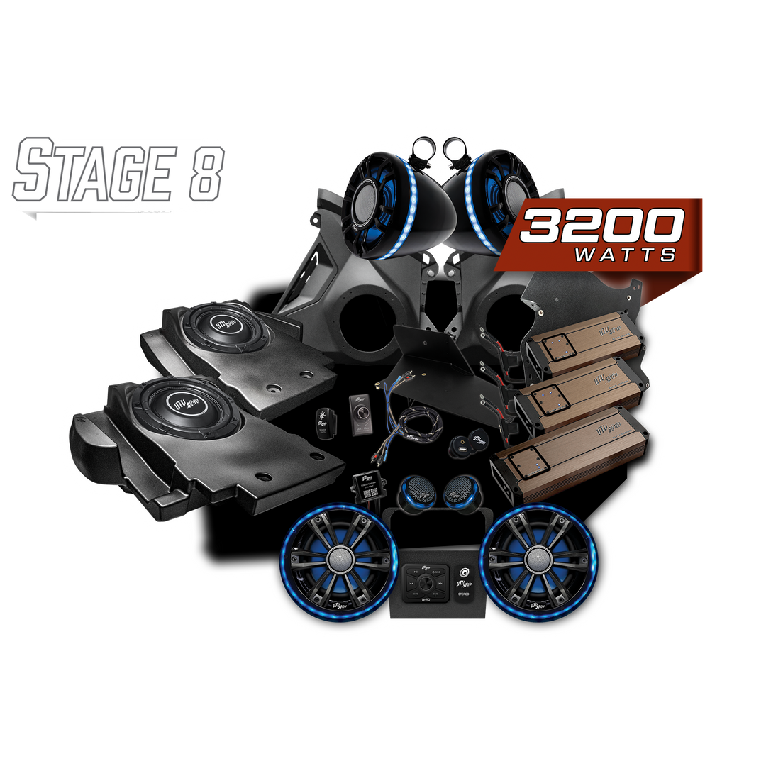 UTV Stereo Stage 8 3200 watt audio system components including speakers amplifiers and subwoofers