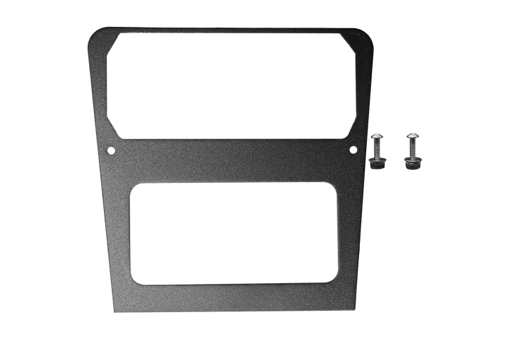 Black metal radio mounting bracket with two included mounting screws