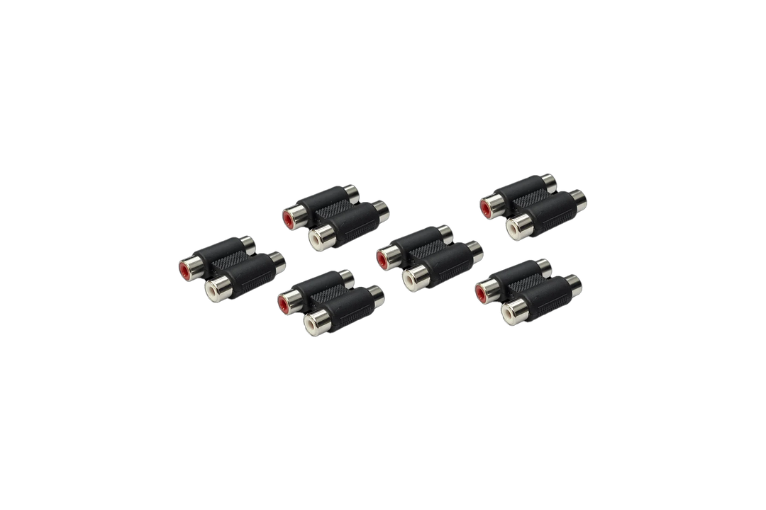 Five black RCA female to female audio coupler adapters