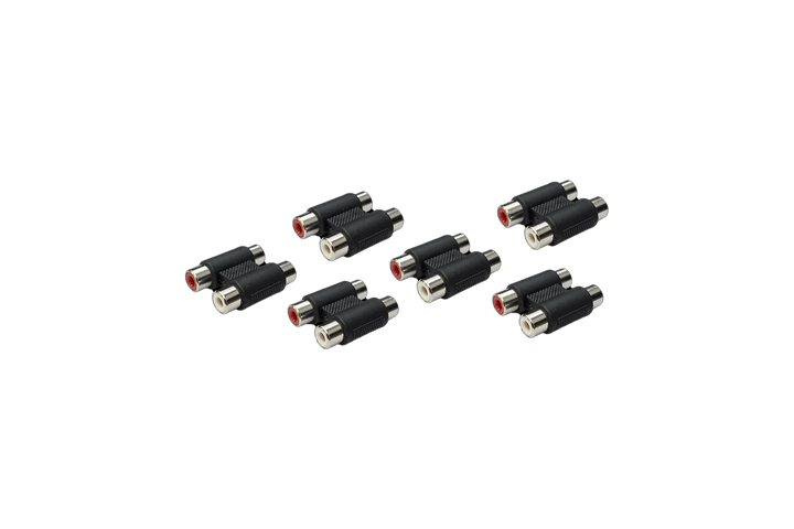 Five black RCA female to female audio coupler adapters