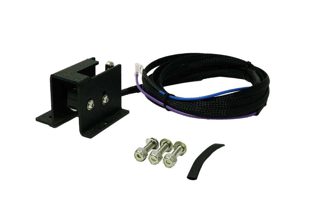Black metal mounting bracket with wiring harness and three mounting bolts